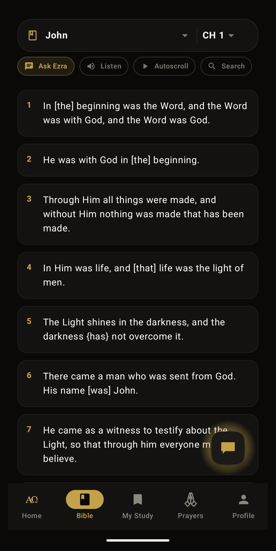 FaithFeed Bible reader with Ask Ezra, Listen, and Autoscroll controls