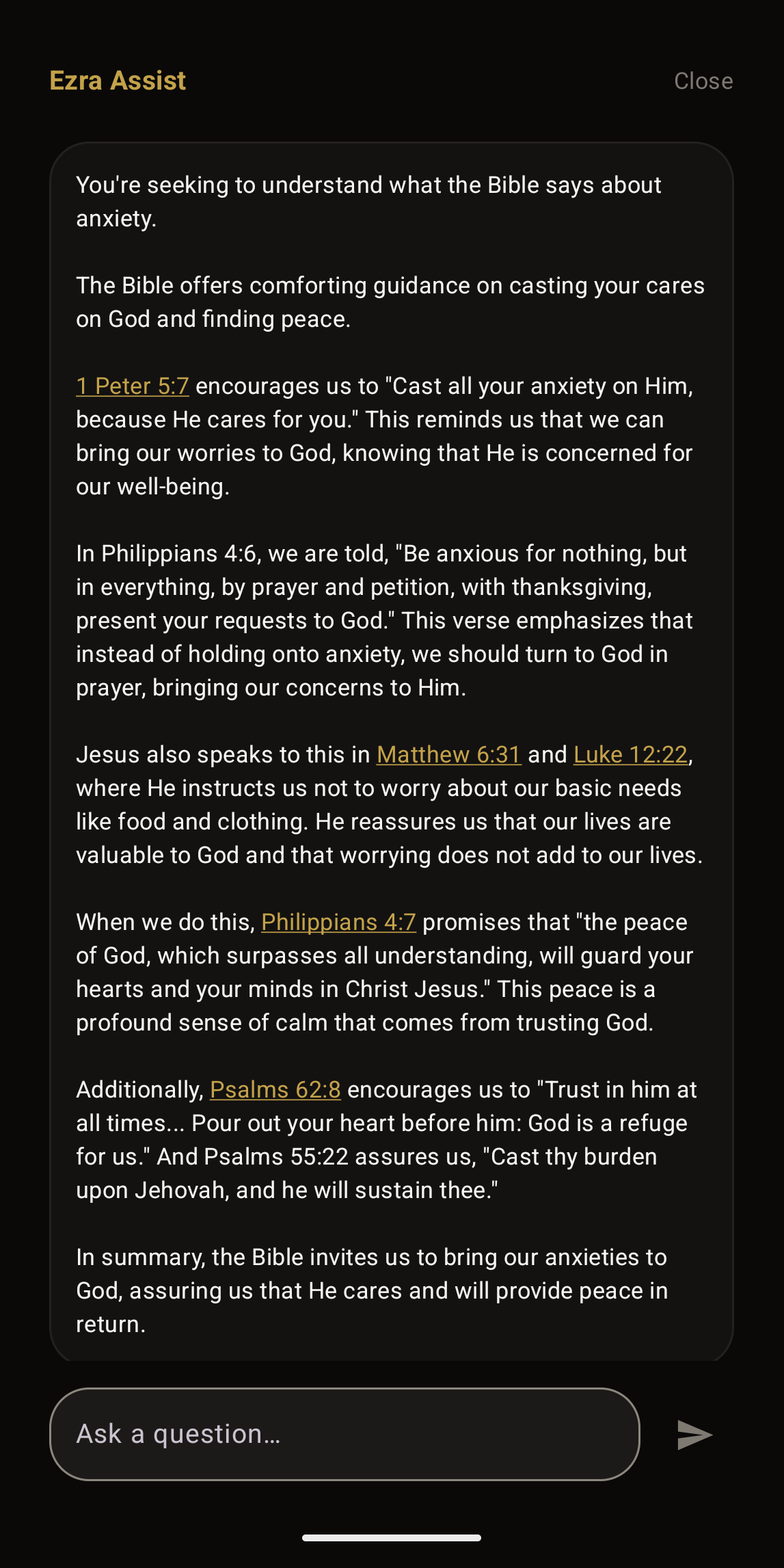 Ezra answering a question about anxiety with six cited Scripture references