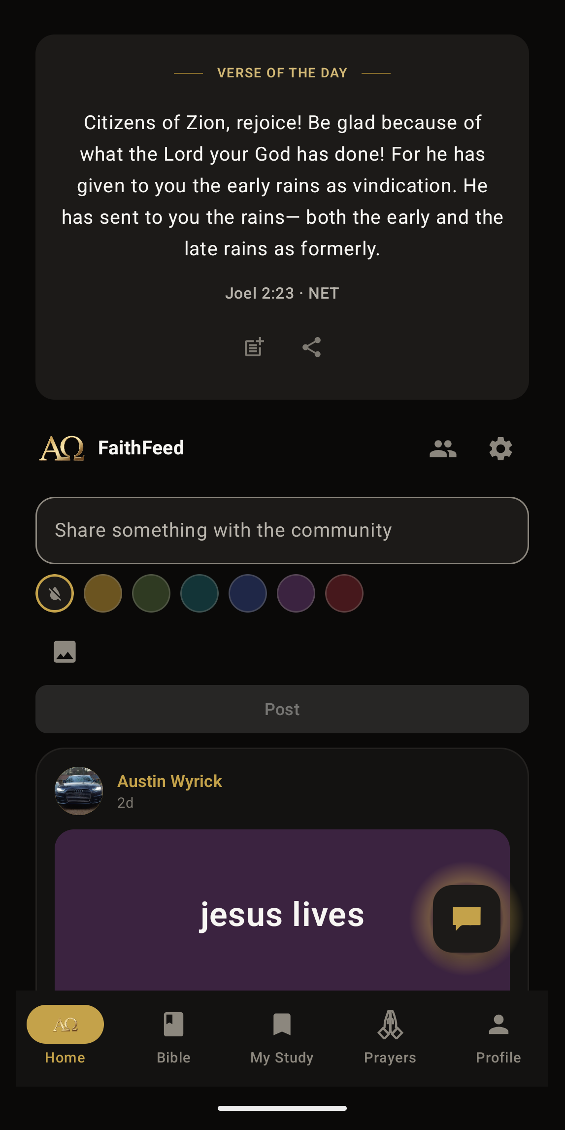 FaithFeed home screen showing daily verse card and community feed