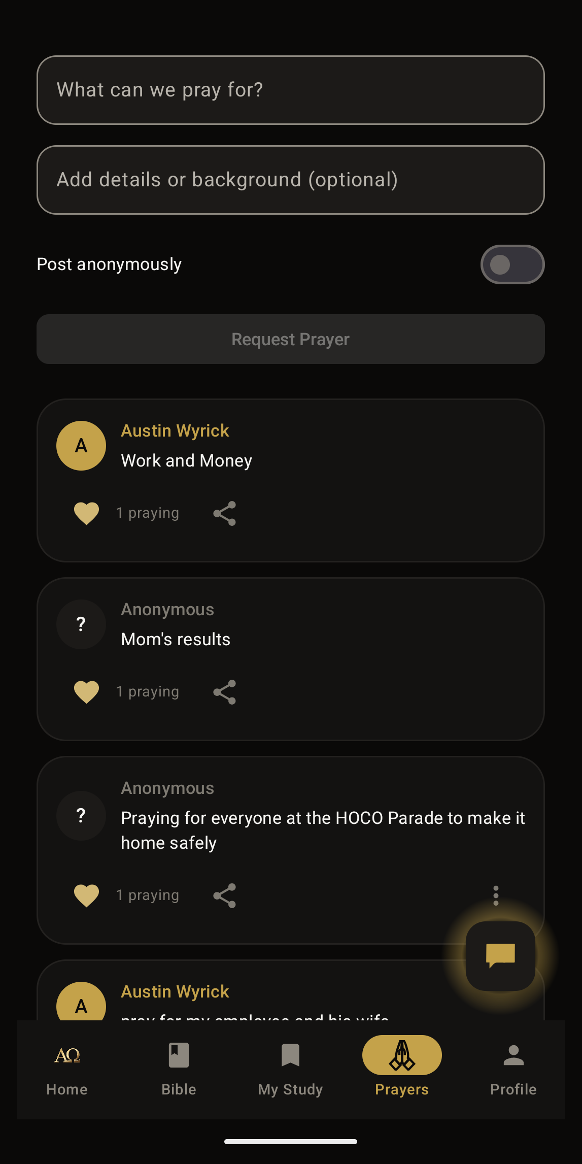 FaithFeed Prayer Wall with prayer request composer and anonymous requests