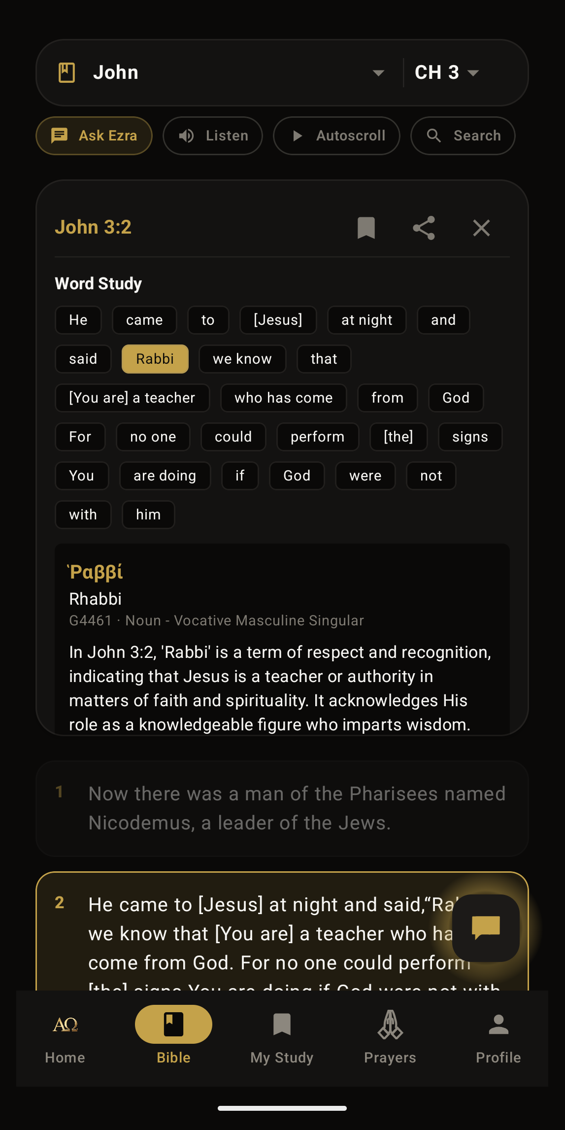FaithFeed verse study panel showing Greek word study for John 3:2